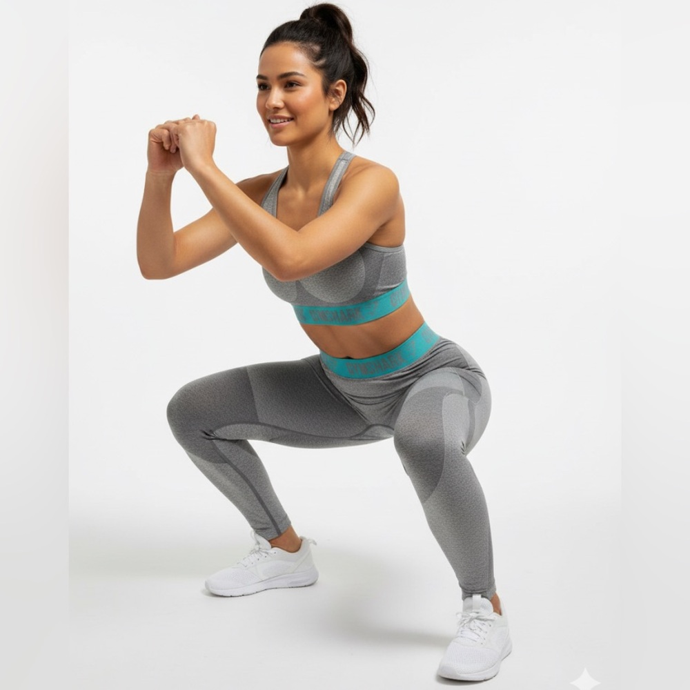 GYMSHARK Women's Medium Vital Seamless Leggings Grey/Aqua Waistband High Waisted